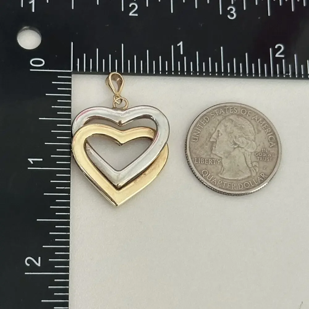 14K Yellow & White Gold Two Tone Double Interlocking Hearts Pendant